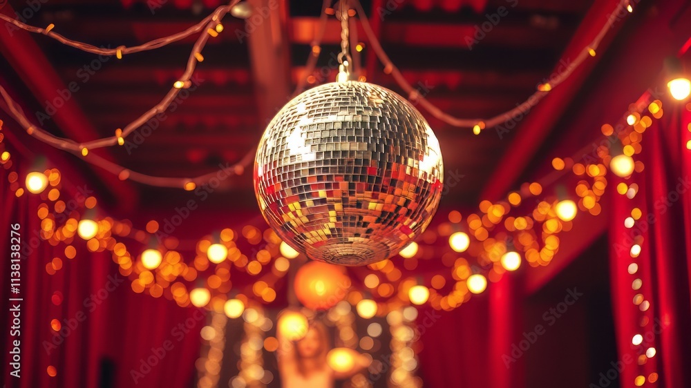 Obraz premium Cozy Disco Ball Room, Festive Celebration, Warm Lights, AI Photo