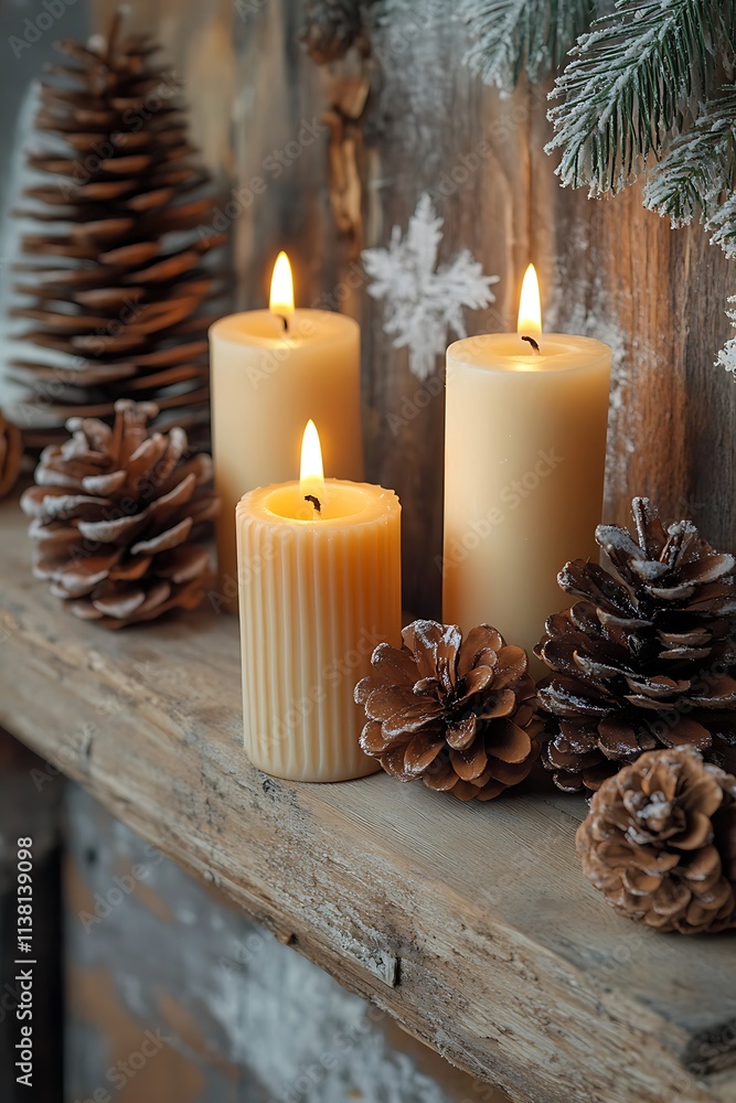 Christmas Candles And Pinecones On Wooden Shelf Christmas Candles And Pinecones On Wooden Shelf