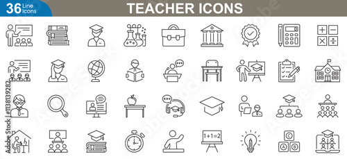 Teacher icons set. Classroom, lesson planning, desk, student, assessment, educational technology and more. Thin line icon set vector illustration.