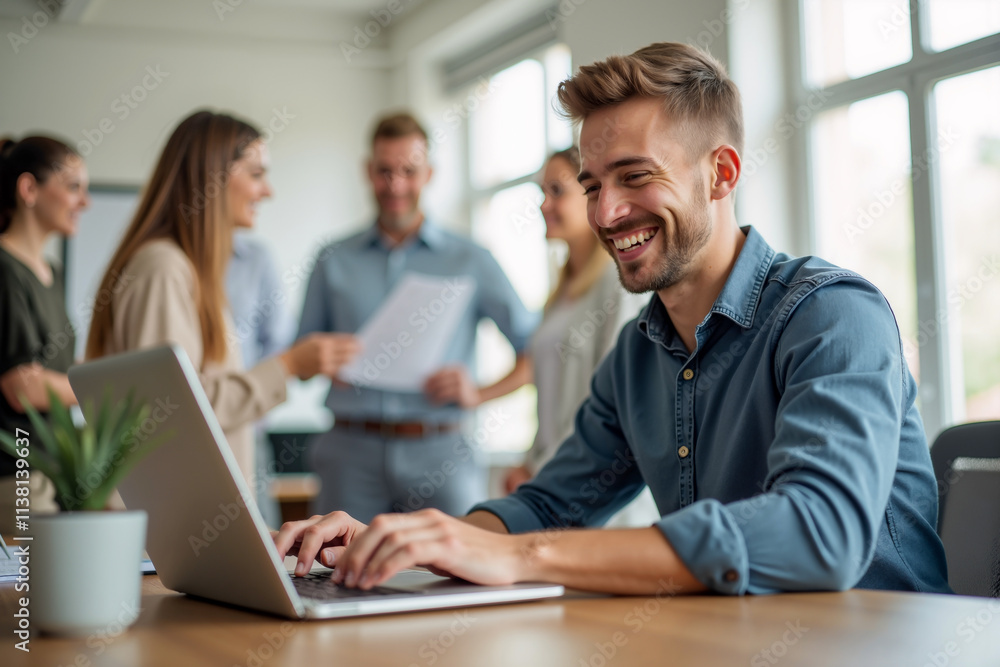 Smiling Man Working on Laptop in Modern Office Environment Smiling Man Working on Laptop in Modern Office Environment