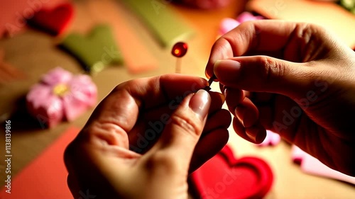 Close-up shots of hands creating Valentine’s cards, wrapping gifts, and crafting heart-shaped decorations in a warm, cozy setting