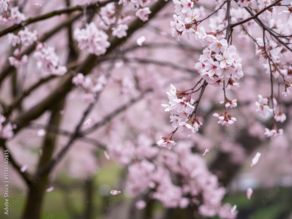 Soft pink sakura petals slowly falling against a blurred background of cherry blossom trees, pink, sakura, delicate Soft pink sakura petals slowly falling against a blurred background of cherry blossom trees, pink, sakura, delicate