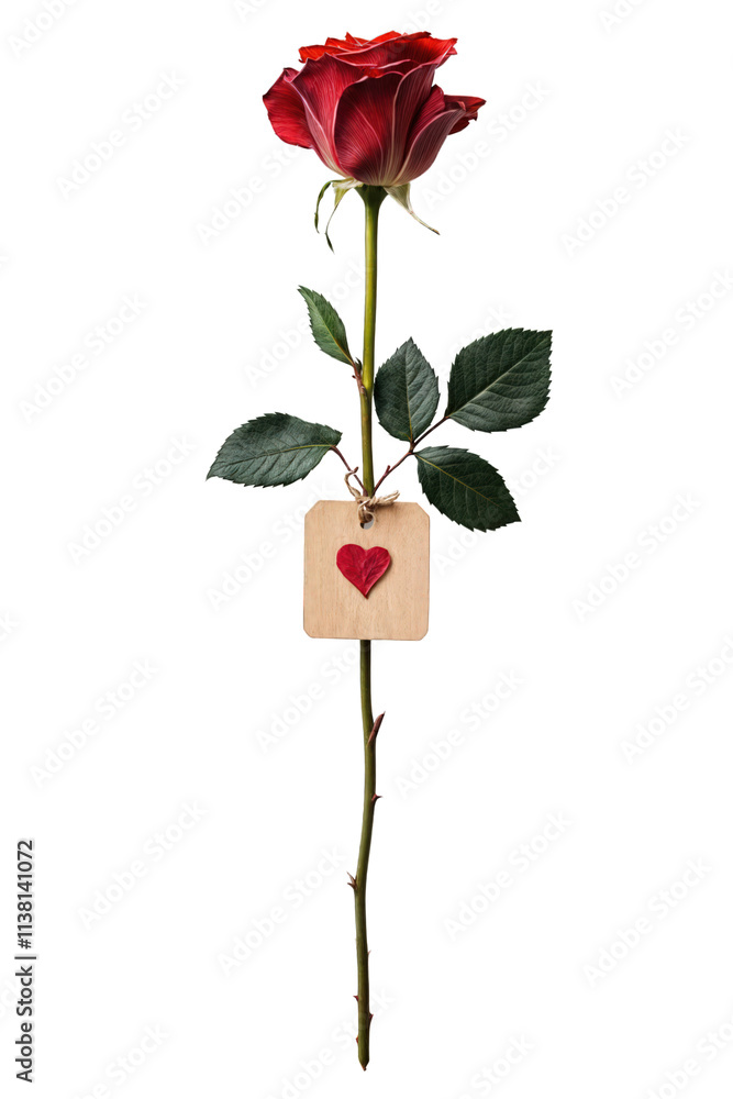 single red rose with heart tag on transparent background