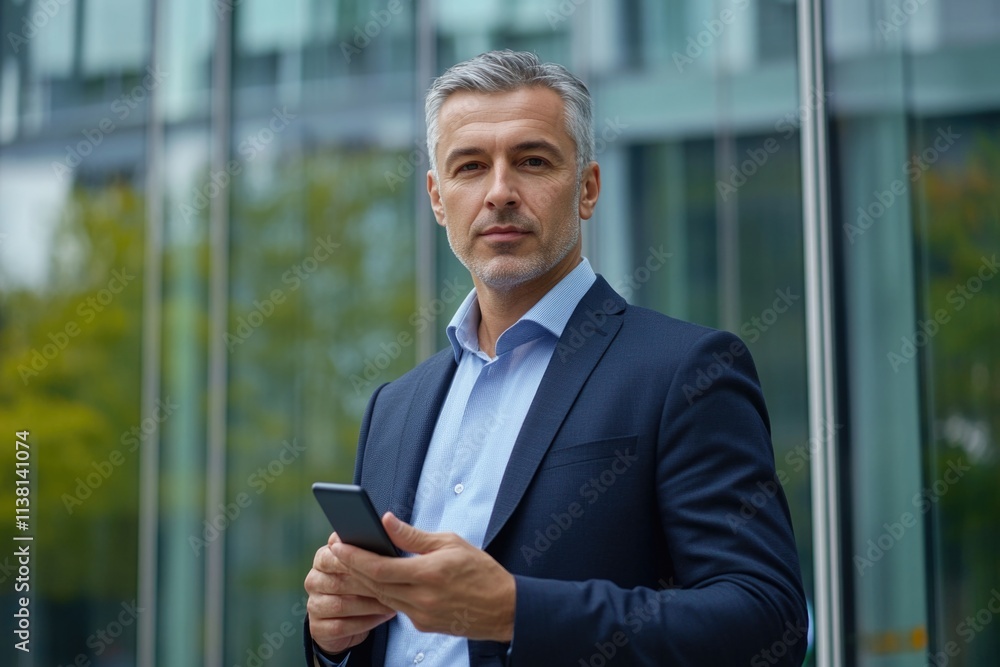Handsome middle-aged businessman in a suit using a mobile phone while standing against a glass building. Handsome middle-aged businessman in a suit using a mobile phone while standing against a glass building.