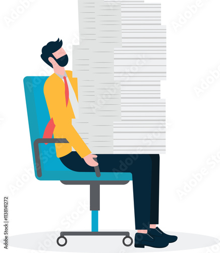 Man sitting crushed by a pile of work papers on a chair, illustration under pressure.
