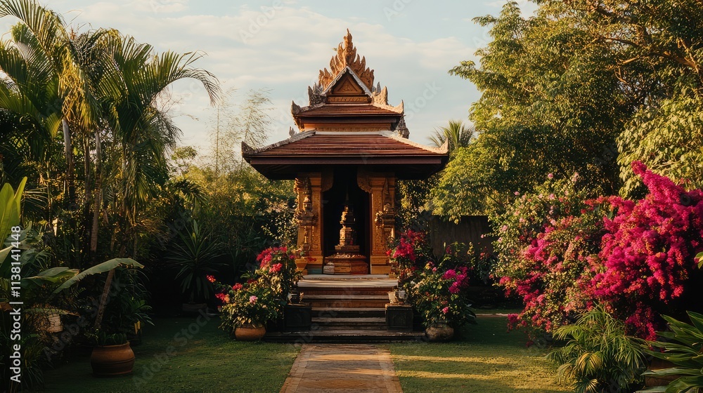 Serene Temple Surrounded by Lush Tropical Garden and Colorful Flowers Serene Temple Surrounded by Lush Tropical Garden and Colorful Flowers