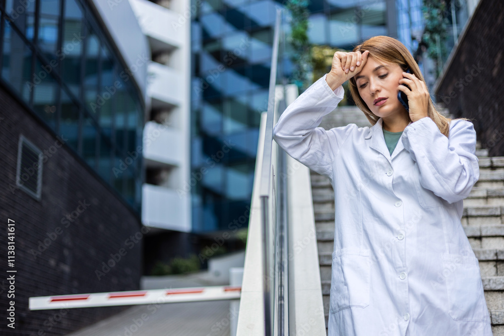 A concerned female healthcare worker in a lab coat using phone, possibly coordinating patient care, against the backdrop of a modern medical facility. Worried doctor making a call outside hospital. A concerned female healthcare worker in a lab coat using phone, possibly coordinating patient care, against the backdrop of a modern medical facility. Worried doctor making a call outside hospital.