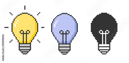 Set of pixel art light bulbs. Energy and thinking sign on white background. Vector illustration