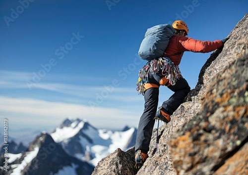 A climber ascends a rocky peak, surrounded by majestic mountains and a clear blue sky, showcasing determination and adventure. photo