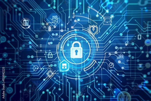 Complex Network Icons, Locks, and Circuitry Illustrating Multi-Layered Data Protection Strategies,複雑なネットワークアイコン、鍵、回路で描かれる多層データ保護戦略.Generative AI