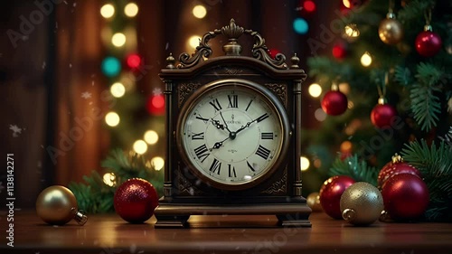 An old clock is among the Christmas and New Year decorations. Seamless 4K looping timelapse video animation background