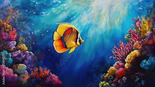 Vibrant Yellow Fish Swimming Through Colorful Coral Reef Scene