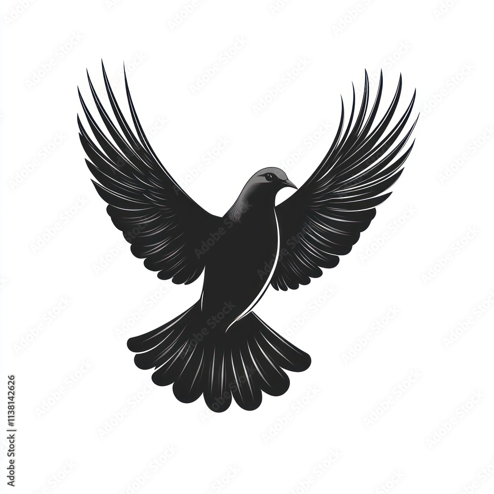 Obraz premium Black bird in flight, wings spread wide.