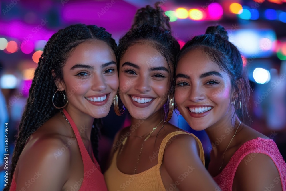 A vibrant trio of women smiles brightly in a lively atmosphere, showcasing the joy and excitement of celebration and friendship under colorful lighting. A vibrant trio of women smiles brightly in a lively atmosphere, showcasing the joy and excitement of celebration and friendship under colorful lighting.
