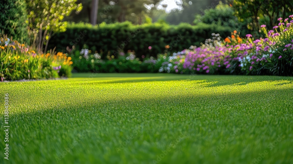 Obraz premium Lush Green Lawn Surrounded by Colorful Flower Beds in Garden Setting