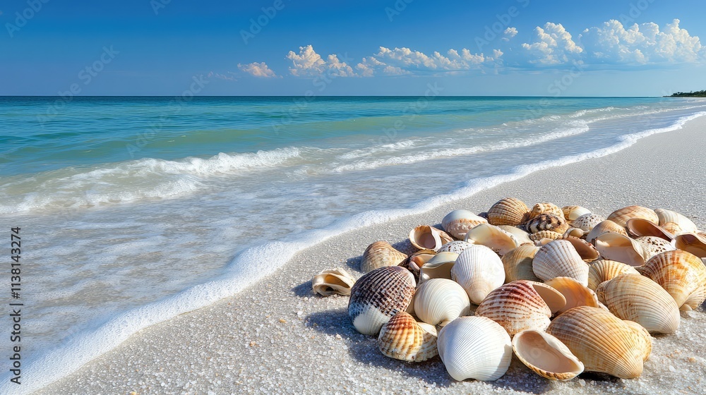 Beautiful Seashells on a Sandy Beach with Calm Ocean Waves Beautiful Seashells on a Sandy Beach with Calm Ocean Waves