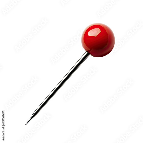 A red pushpin on a white background, with a shadow and no text or other elements in the picture. The pushpin is placed at an angle of about one degree from right to left photo