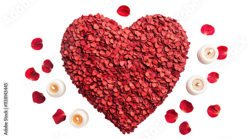 Obraz na płótnie heart shape made of red rose petals surrounded by candles and petals isolated on transparent background
w salonie