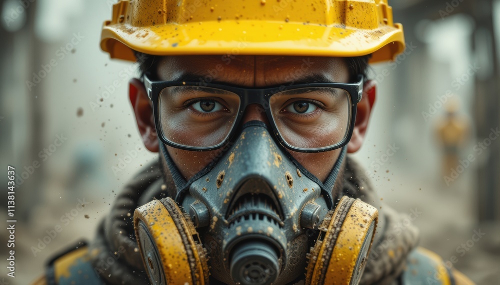 Worker in Respirator Mask and Hard Hat Safety First Worker in Respirator Mask and Hard Hat Safety First