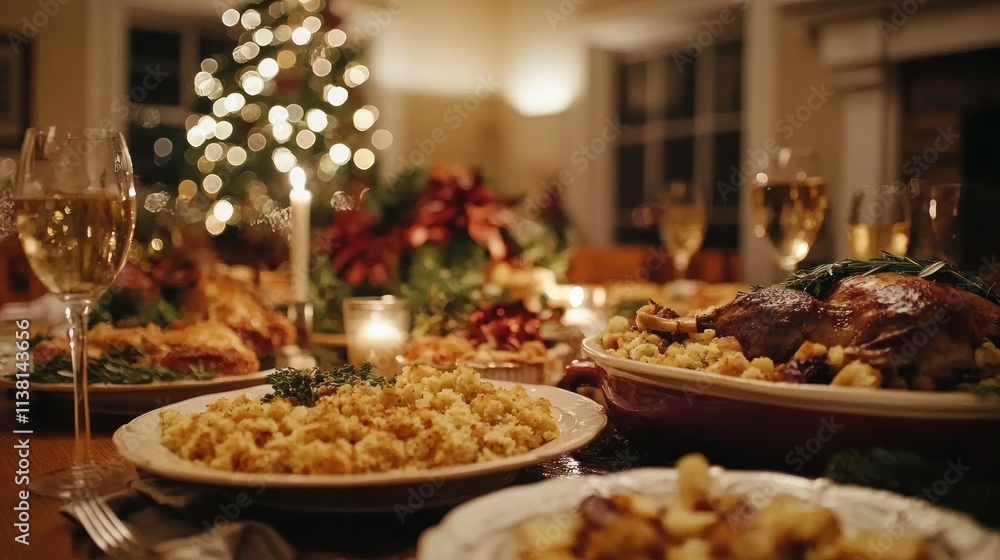 Fototapeta premium A family gathers for a holiday meal, sharing stories, laughter, and homemade dishes passed down through generations
