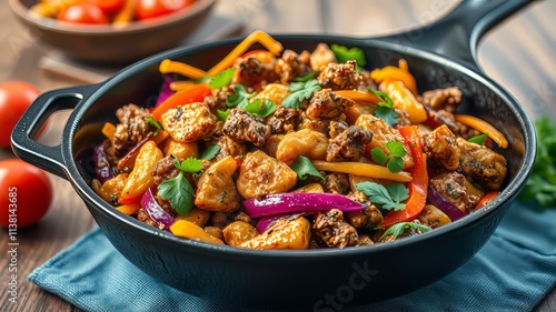 Delicious Meat-Free Mycoprotein Stir-Fry in Cast Iron - Vibrant & Healthy Vegetarian Meal photo