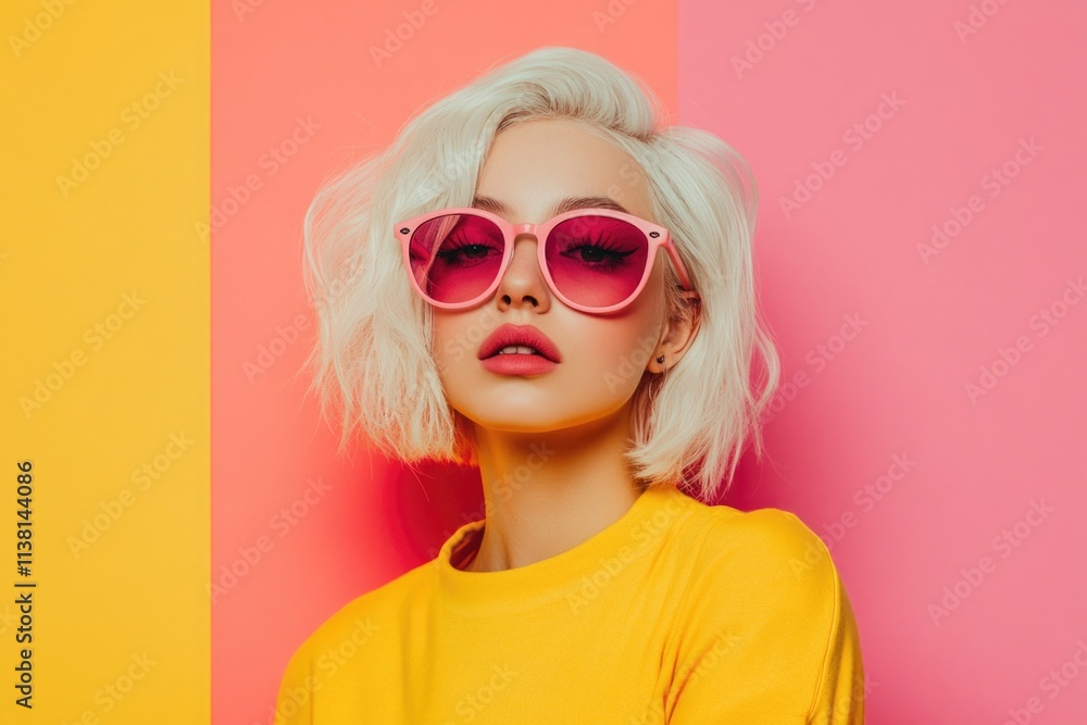 A fashionable young woman with white hair, wearing pink sunglasses and a yellow shirt, against a colorful background. A fashionable young woman with white hair, wearing pink sunglasses and a yellow shirt, against a colorful background.