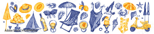 Summer vacation set, vector watercolor hand drawn Italian travel sticker, wine bottle, glass, conch. Yellow lemon, umbrella, mediterranean seashore picnic retro coastal print. Nautical summer vacation