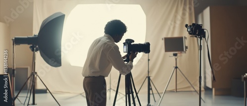 photographer setting up equipment in a studio for a photoshoot