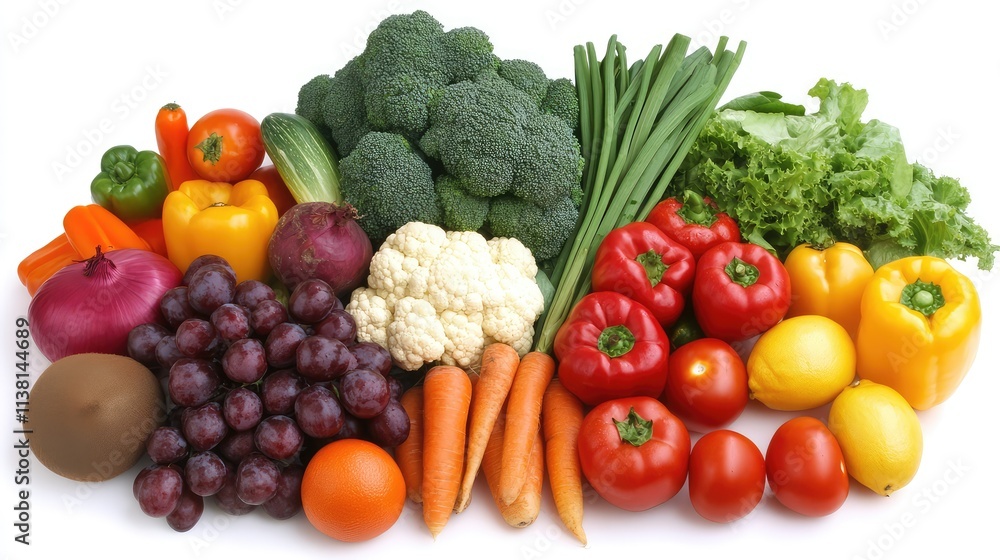 Fresh Assorted Vegetables and Fruits on White Background Display Fresh Assorted Vegetables and Fruits on White Background Display