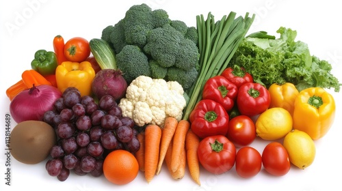 Fresh Assorted Vegetables and Fruits on White Background Display