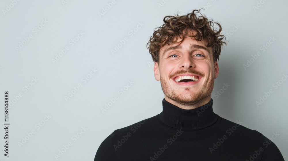 Obraz premium Smiling Man With Curly Hair Wearing a Black Turtleneck Expresses Joy in Front of a Light Gray Background During a Casual Indoor Setting
