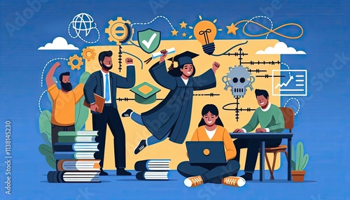 Education and teamwork illustration featuring undocumented students and graduates engaged in learning activities