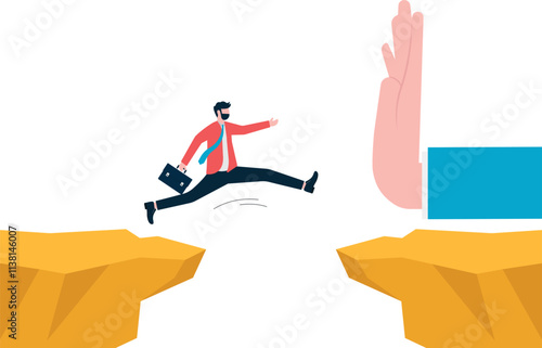 Businessman landed on the coin stack but stopped by hand metaphor of profit and loss. Illustration For Wallpaper, Banner, Background, Book Illustration, And Web Landing Page.
