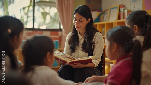 Inspirational Primary School Teaching Moment: A Female Teacher Engages Young Students with a Storybook in a Welcoming Classroom