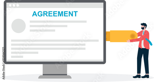 Business team put flash disk to agreement paper online signature concept design. Illustration For Wallpaper, Banner, Background, Book Illustration, And Web Landing Page.
