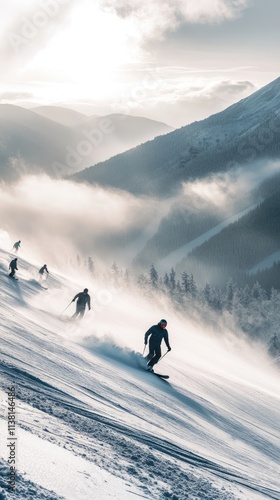 A group of skiers navigating a snowy mountain landscape under a dramatic sky.