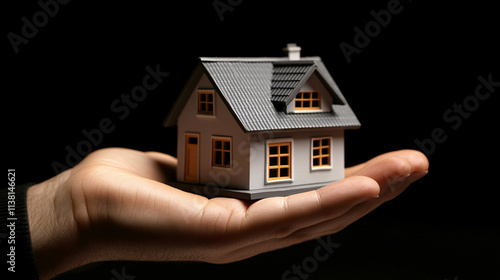 A miniature house is delicately held in a hand against a dark background, symbolizing care, ownership, and the concept of home.