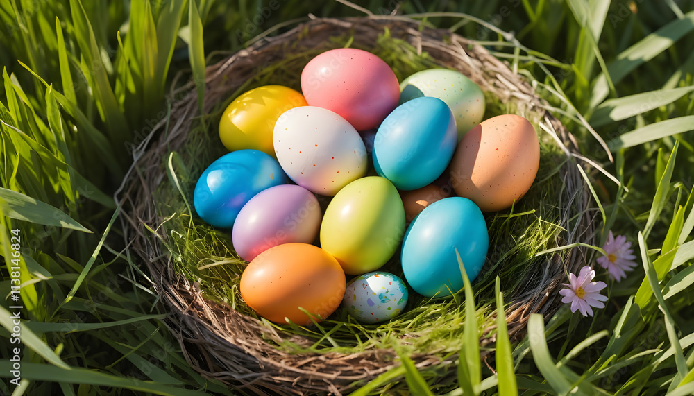 A charming nest filled with colorful Easter eggs nestled in vibrant green grass, bathed in warm sunlight on a beautiful spring day-Easter decoration, banner, background. A charming nest filled with colorful Easter eggs nestled in vibrant green grass, bathed in warm sunlight on a beautiful spring day-Easter decoration, banner, background.