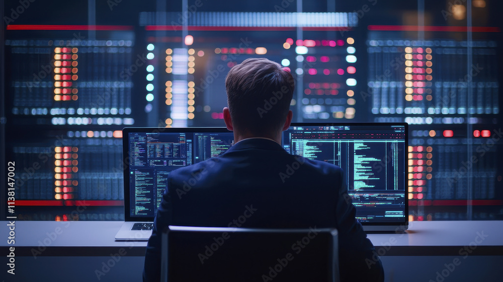 focused man in suit analyzes data on multiple screens in high tech environment, showcasing importance of technology in modern business focused man in suit analyzes data on multiple screens in high tech environment, showcasing importance of technology in modern business