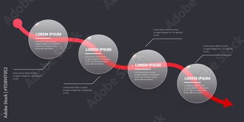 Glass morphism falling down red chart with transparent rounds for text on dark background. Crisis financial infographic template