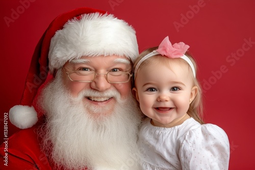 Isolated white baby girl in santaâ€™s knee on red background. Cheerful xmas, stunning baby girl! copy space. Santa chair cute photo. Cute photo christmas kid. Santa cute picture. Santa photo. photo