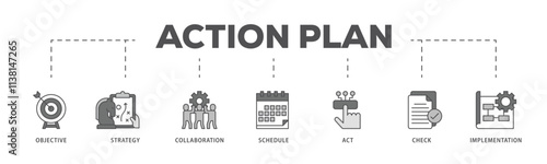 Action plan infographic icon flow process which consists of objective, strategy, collaboration, schedule, act, launch, check, and implementation icon live stroke and easy to edit . photo