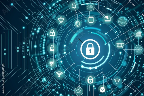Blue-Themed Digital Background Highlighting Cybersecurity with Complex Iconography,複雑なアイコノグラフィーでサイバーセキュリティを強調した青を基調としたデジタル背景.Generative AI