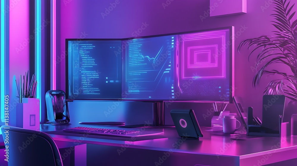 Futuristic workspace with holographic screens and advanced technology Futuristic workspace with holographic screens and advanced technology