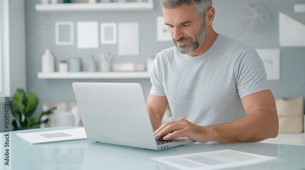 Man Engaged in Focused Work Using a Laptop at a Modern Workspace, Surrounded by Minimalistic Decor and Natural Light in a Bright Environment Man Engaged in Focused Work Using a Laptop at a Modern Workspace, Surrounded by Minimalistic Decor and Natural Light in a Bright Environment