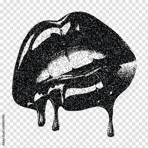 sexy female lips dripping liquid with a retro photocopy effect. beauty fashion concept. Artistic representation suggestive lipstick gloss.Grain effect and stippling