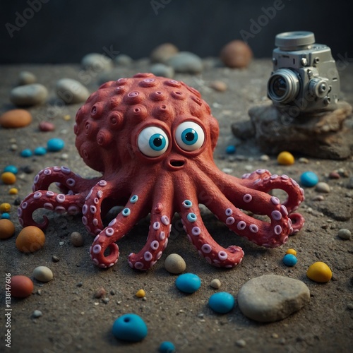 Discover the underwater adventures of a clay octopus in a vibrant ocean landscape photo