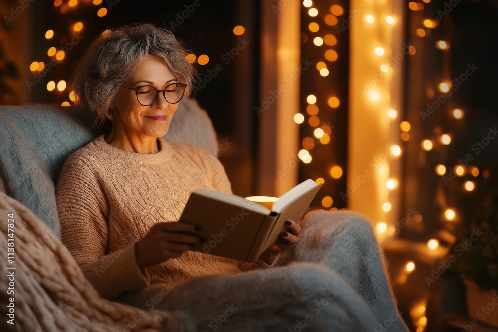 Mid-aged woman enjoys a cozy evening reading about menopause health with tea in warm lighting Mid-aged woman enjoys a cozy evening reading about menopause health with tea in warm lighting