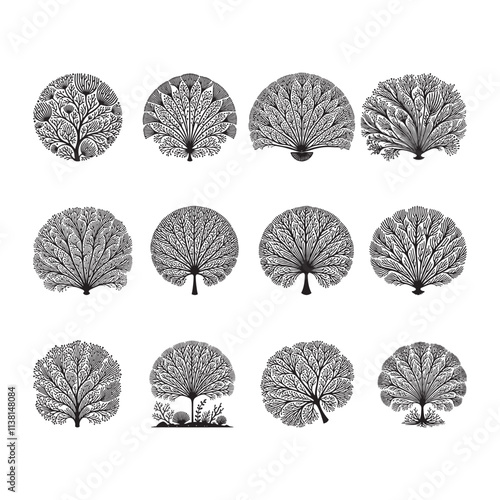 Sea Fan Silhouette Vector Illustration, Solid White Background.