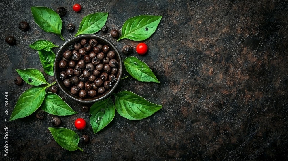 Dark Berries in Bowl with Green Leaves on Rustic Surface Dark Berries in Bowl with Green Leaves on Rustic Surface